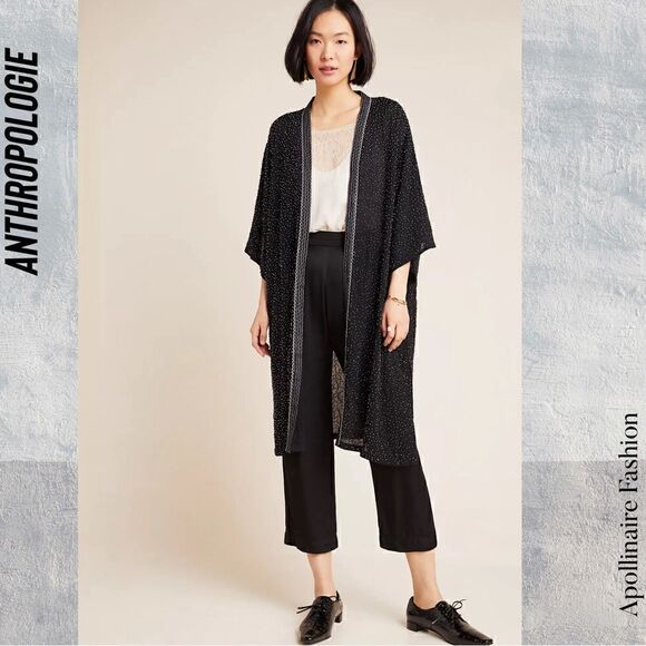 ANTHROPOLOGIE BY BLANK THE ARTIS BEADED KIMONO IN BLACK NWT OS - Picture 3 of 10